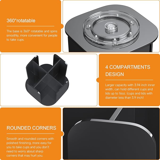 Beego Coffee Cup Holder Organizer - Rotatable 4 Compartments Black Acrylic Cup Dispenser Station With Lid Carousel - Countertop Plastic Cup Holder for Restaurant Breakroom Bar Accessories-NeatNest