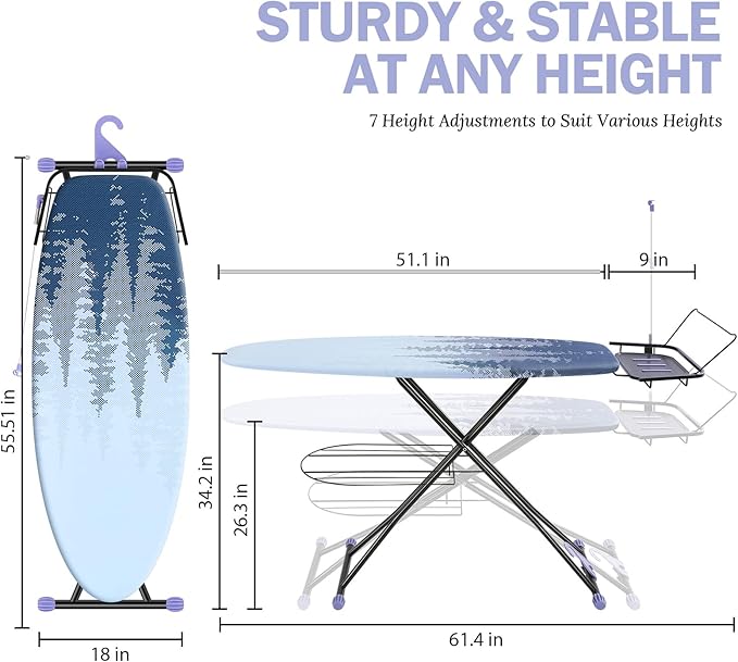 APEXCHASER Ironing Board Full Size, Metal Panel Iron Board with Heat & Scorch Resistant Cover, Adjustable Height Heavy Duty Ironing Board with Stretchable Iron Rest, for Home, Dorm, 18 x 51, Purple
