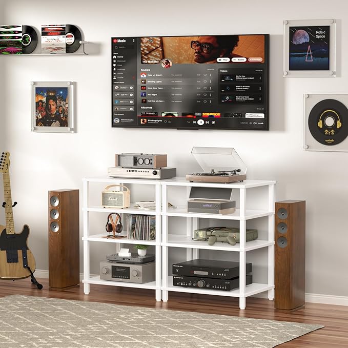 4-Tier AV Media Player Stand, White Stereo Cabinet, Modern Stereo Cabinet, Wooden TV Stand,Game Console Shelf, Multifunctional Entertainment Center, Suitable for Home, Conference Room, Game Studio,-NeatNest