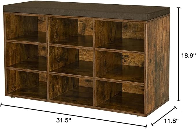 DINZI LVJ Shoe Storage Bench with Cushion, Cubby Rack with 9 Cubbies, Adjustable Shelves, Multifunctional Organizer Bench for Entryway, Mudroom, Hallway, Closet and Garage, Rustic Brown-NeatNest