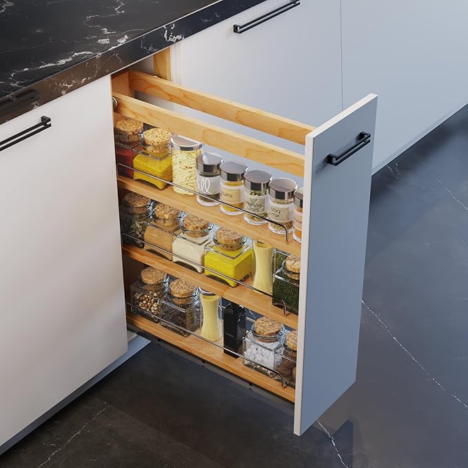 Dowell 5" Base Pull-out Spice Organizer with Adjustable Shelves for Base Kitchen Cabinet, Bottom Mounted Soft Close Slides - 4004 0524 | Soft-Close Wooden Slide Out Spice