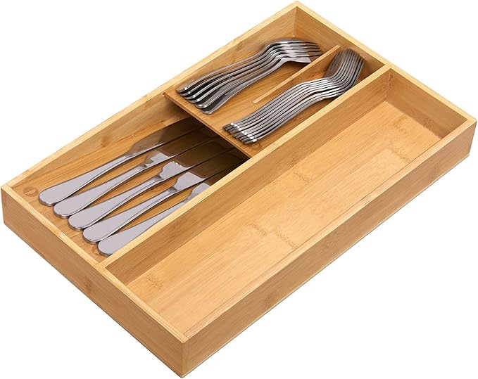 Bamboo silverware tray organizer, Utensil Holder and Cutlery Tray for Drawer, Kitchen Drawer Organizer Divider for Spoons Forks Knives-NeatNest