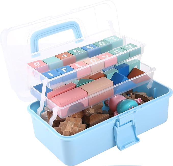 11(in) Versatile Three-Layer Folding Organizer Box,Ideal for Art & Crafts,Toys,Sewing Supplies,Jewelry and Tools,Storage with Dual Trays,Elegant Blue