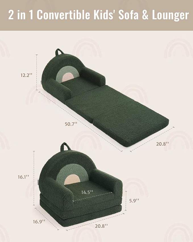 Blissful Diary Foldable Toddler Couch, 2-in-1 Comfy Toddler Chair & Lounger for Reading, Nap, Playroom, Kids Couch Sofa for 1 2 3+ Year Old Girls Boys Birthday Gift, Dark Green Arclet-NeatNest