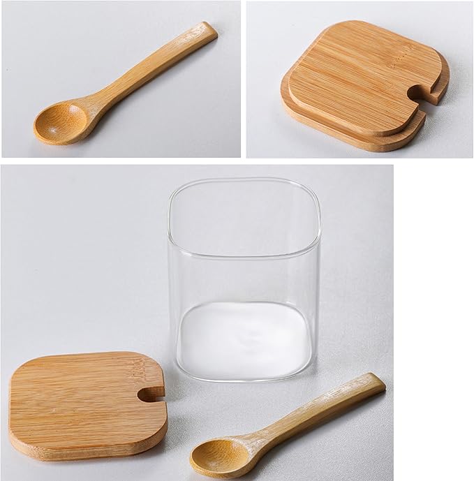 FANTESTICRYAN Glass Condiment Canister Pots with Bamboo Lids and Spoons, Kitchen Condiment Canisters, Set of 2 (Square)