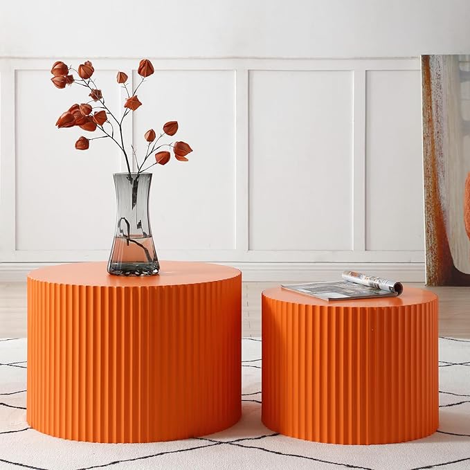 Round Coffee Table Set of 2, Modern Handcraft Nesting Table Wood Side Table Drum Accent End Table Embossed Design Circular Coffee Table Set for Living Room Bedroom, Orange