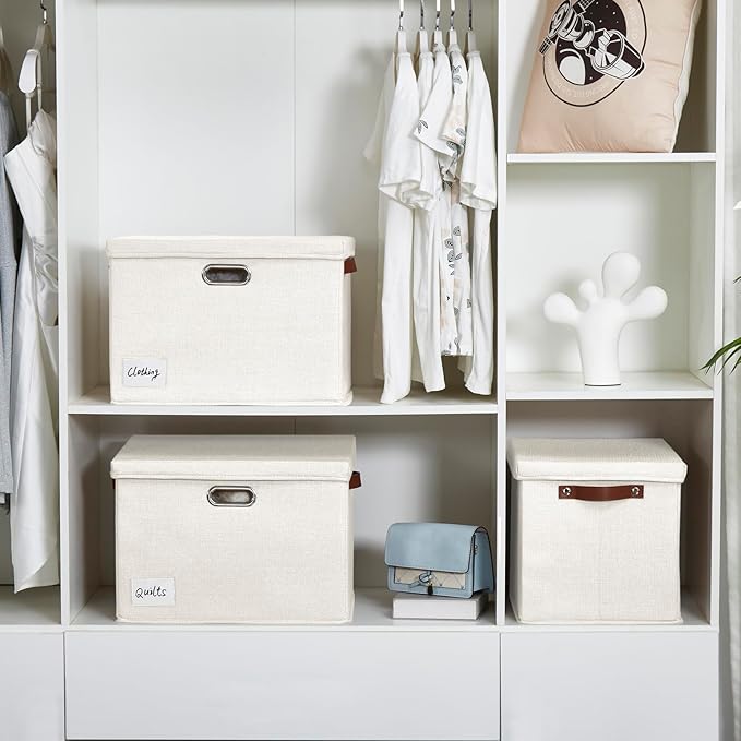 17" Large Collapsible Storage Bins with Lids, Stackable Closet Organizers with PU Handle and Labels, 3-Pack Decorative Fabric Storage Boxes for Home, Bedroom, Closet, Office, Nursery(White)-NeatNest