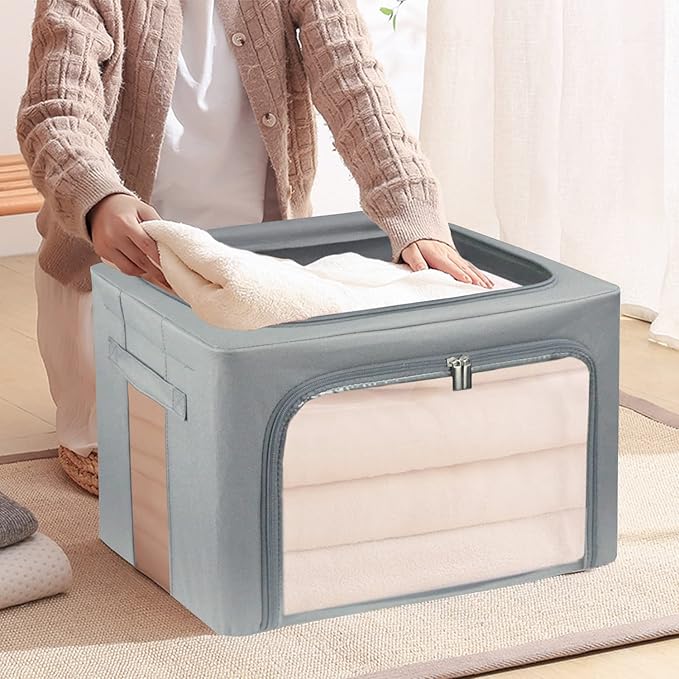 UUBEMM Clothes Storage Bins with Foldable Sturdy Frame,Stackable Storage Box for Closet Shelf Organizers for Seasonal Clothing,Blankets,Towel Bed Sheets,Toys Gift Others (Medium -40L x3PACK, Grey)-NeatNest