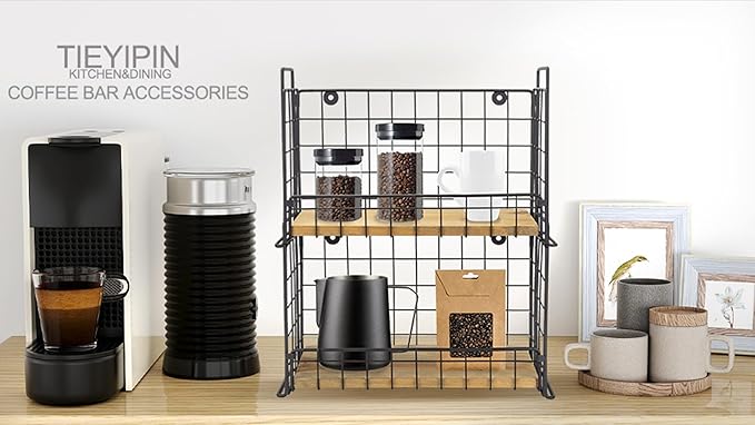 TIEYIPIN 2-Tier Stackable Metal Wire Hanging Baskets, Fruit Basket,Snack Station for Countertop, Coffee Bar Storage Organizer with Detachable Wooden Base, Rustic Farmhouse Counter Shelf - Black