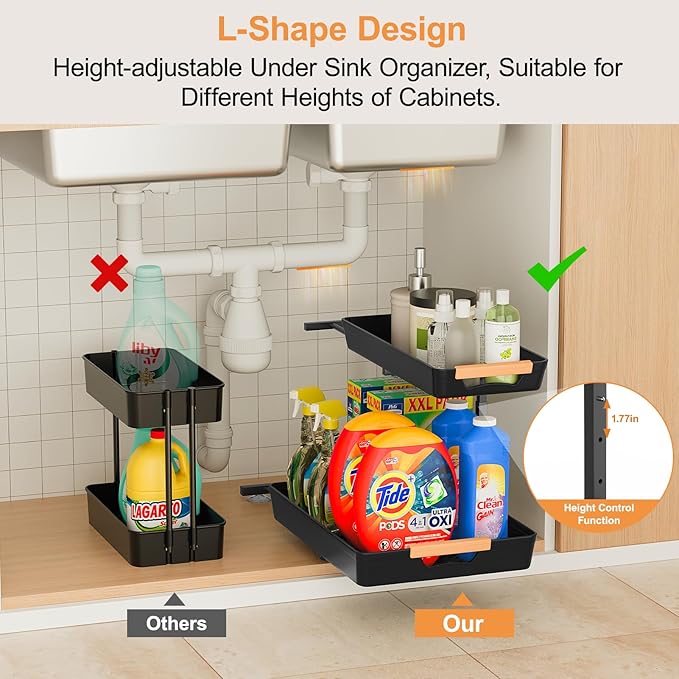 2 Pack Under Sink Organizer Pull 0ut, 3 Height Adjustable Under Kitchen Sink 0rganizer and Storage Black, 2 Tier Double Sliding Drawer Cabinet Organizer for Kitchen Bathroom Pantry-NeatNest