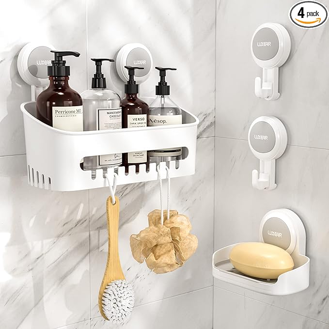 LUXEAR 4 Pack Shower Caddy Set - Suction Cup Shower Shelf+Soap Dish+Hooks - 1 Sec Installation NO-Drill Removable Powerful Waterproof Organizer