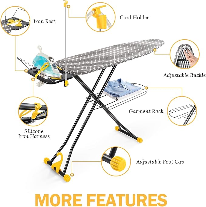 APEXCHASER Ironing Board, Foldable Iron Board with Iron Rest, Metal Panel Ironing Board, Adjustable Height Heavy Duty Irons Board with Germent Rack, Heat & Scorch Resistant Cover, 13x43 Yellow