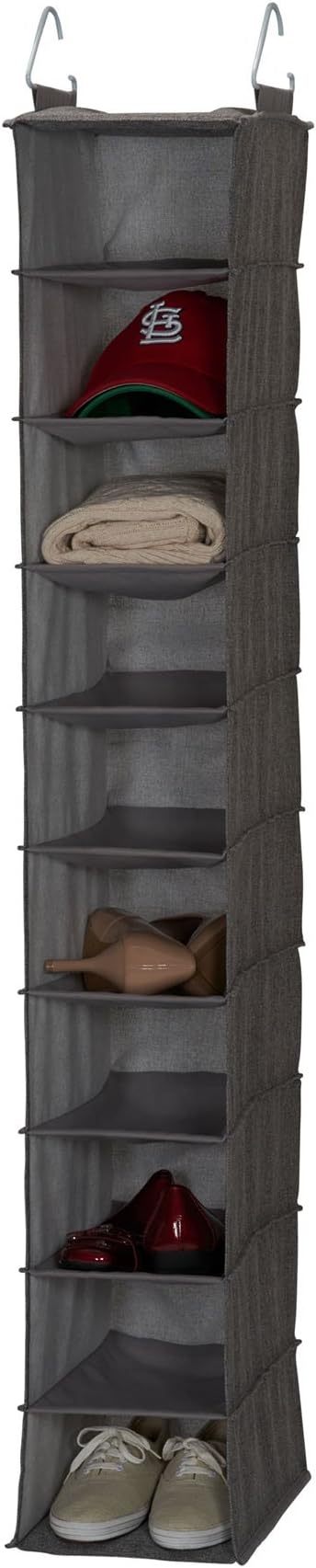 Household Essentials 10-Shelf Wide Hanging Shoe Organizer, Soft and Durable Polyester, Versatile, Breathable, Stylish, Compact, Sturdy Hooks for Rod or Wire Closets, Gray-NeatNest