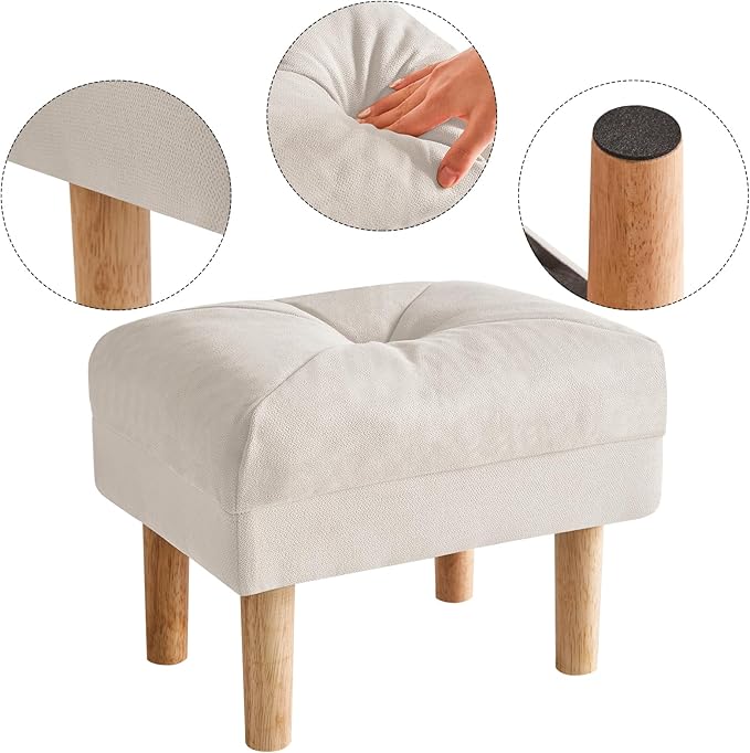 YMYNY 15.75" Small Footstool Ottoman, Footrest with Sponge Padded Seat, Step Stool for Sofa, Bedroom, Living Room, Entryway, Modern Change Shoes Stool, Wood Legs, Beige, UHBD023M