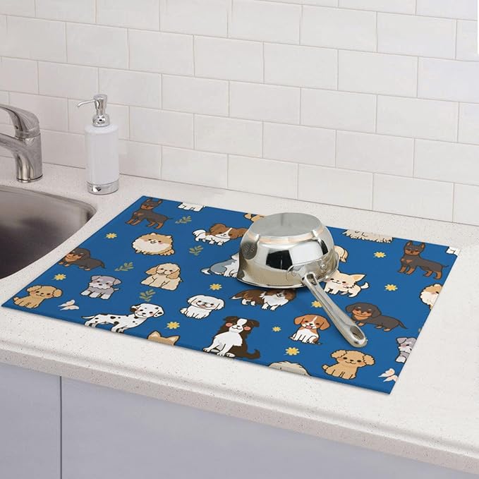 Cute Puppy Dog Dish Drying Mat 18 x 24 Inch for Kitchen Counter Cute Kitchen Mat Microfiber Kitchen Countertop Absorbent Reversible Drainer Rack Pad Dish Drying Mat-NeatNest