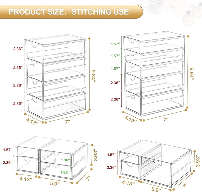 Makeup Organizer Storage With 16 Drawers, 4 Pcs Desktop Office Supplies, Desk Organizers, Clear Accessories, Dustproof Drawer and for Make Up, Jewelry, Pen, Stationary
