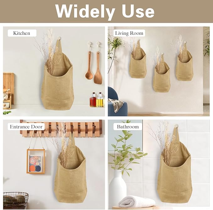 100% Linen Hanging Storage Bags Baskets 2 Pcs, Small Wall Storage Bag for Kitchen, Bedroom, RV Camper Organizer, Sewing Room, Nursery Storage, Kids Room, Dark Yellow