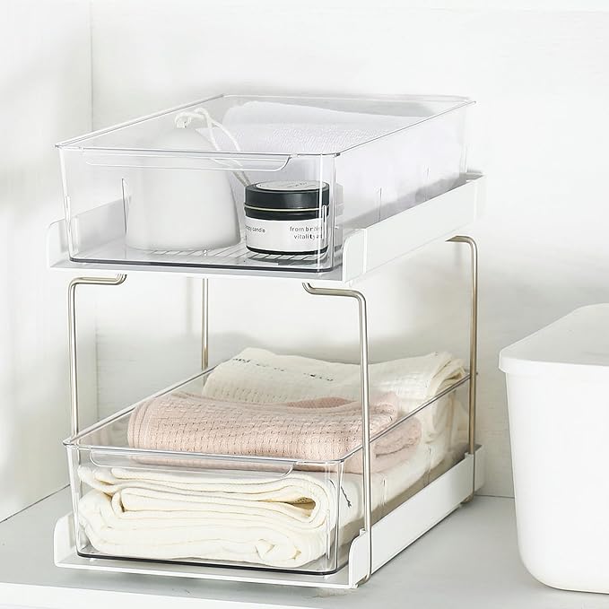 vacane 13" Clear Pull-Out Organizer with Adjustable Dividers - 2-Tier Bathroom & Kitchen Storage Bins for Vanity, Under Sink Cabinets, Pantry