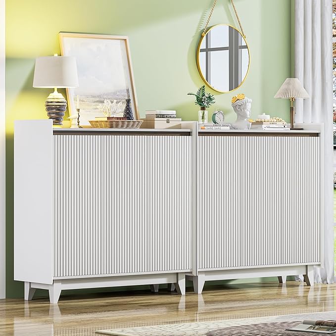 Wave Shoe Shortage Cabinet with 3 Doors 2PC, 6-Tier Freestanding Shoe Storage Cabinet with Adjustable Shelves, White &Walnut Fluted Door Shoe Organizer, 43.7’’ H Tall Shoe Rack for Entryway, Hallway.-NeatNest