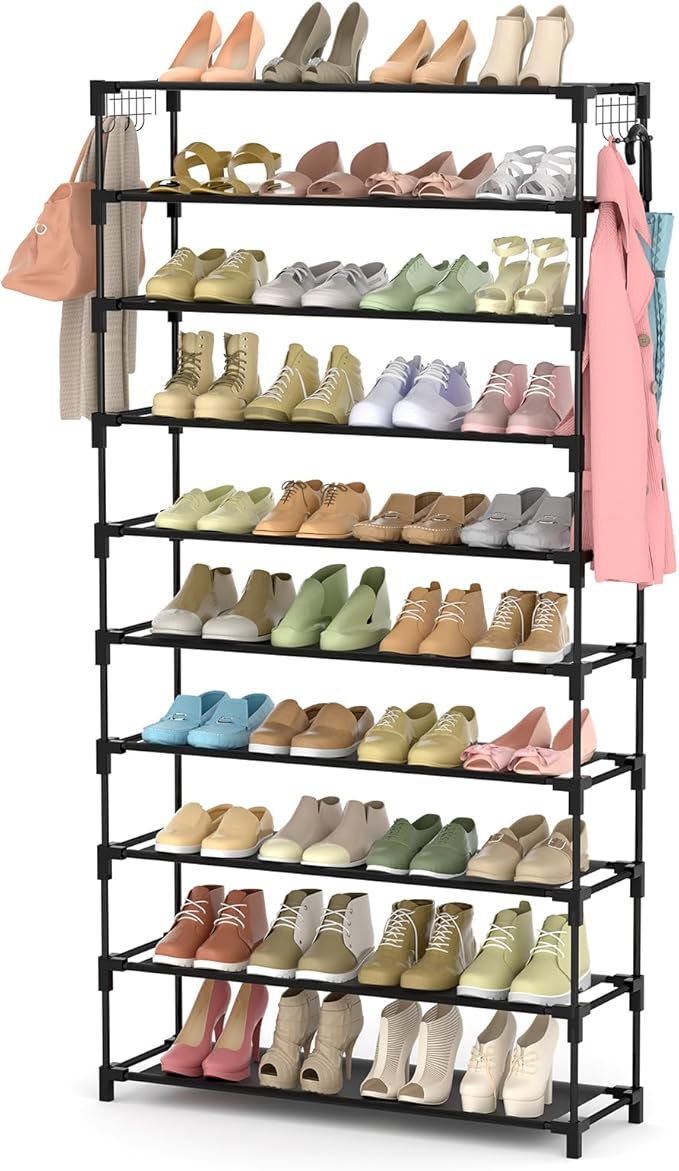 10 Tiers Shoe Rack 50 Pairs Large Capacity Tall Shoe Organizer Sturdy Shoe Storage with Two Hooks Space Saving Metal Wide Shoe Rack for Closet, Entryway, Bedroom, Black-NeatNest