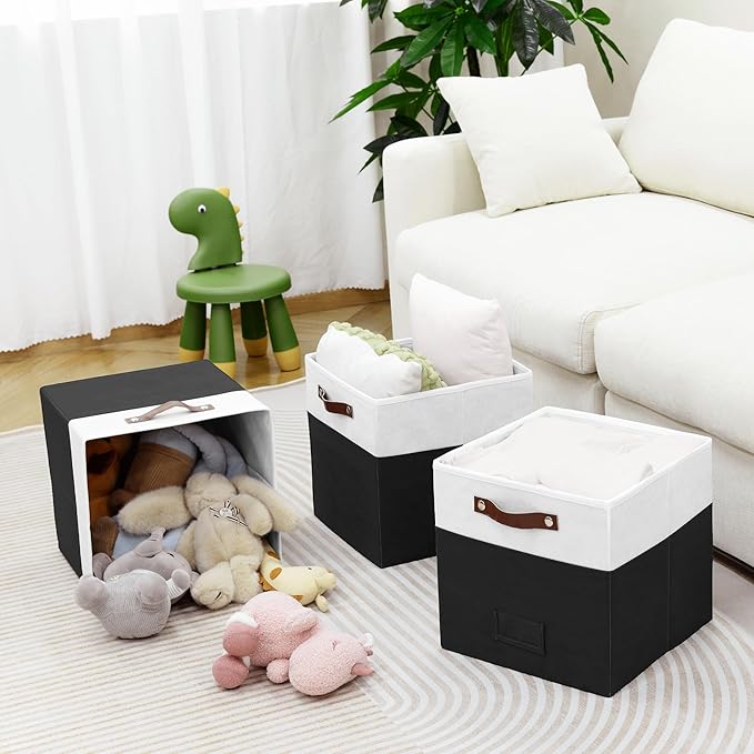 6-Pack Collapsible Fabric Storage Cubes with Handles & Label Holders, Closet Cube Home Organizer Bins (White/Black, 13 x 13 x 13 inch)