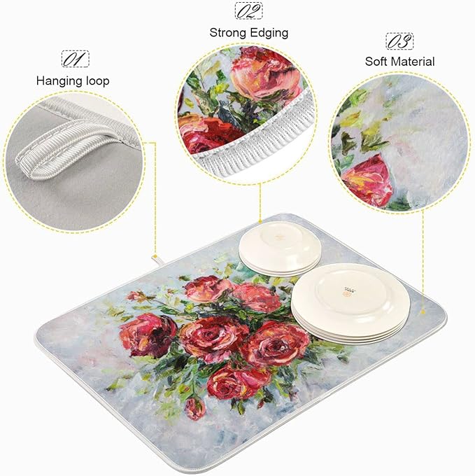 Absorbent Dish Drying Mat for Kitchen Counter - Red Rose Oil Painting Microfiber Drying Pad, Reversible Drainer Mats for Countertop, Large 18" x 24"
