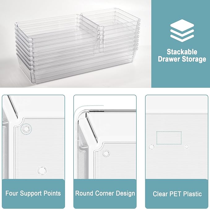 12 Pack Large Clear Plastic Drawer Organizer Trays, Desk Drawer Organizers and Storage Dividers, Non-Slip Storage Bins for Jewelry, Snacks, Office, Bathroom, Bedroom and Kitchen-NeatNest