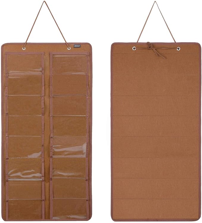 AROUY Sunglasses Organizer - Hanging Wall Pocket with 16 Felt Slots, Metal Hook and Sturdy Rope (Brown, Dust Proof)-NeatNest