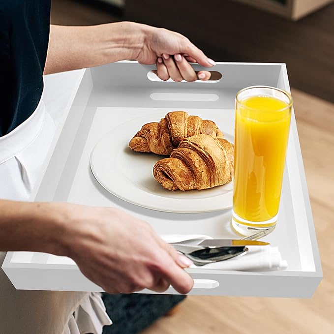 Acrylic Serving Trays with Handles, 16"x 12" Rectangle Sturdy Breakfast Tray, White Decorative Trays Organiser for Bedroom, Kitchen, Living Room, Bathroom, Hospital and Outdoors