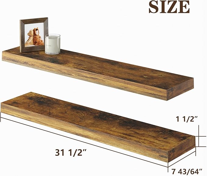 BAMEOS Floating Shelves, 31W x 7D Rustic Brown Wall Mounted Wooden Shelves with Invisible Brackets Set of 2, Hanging Wall Shelves Decoration for Bedroom, Bathroom, Living Room and Kitchen-NeatNest