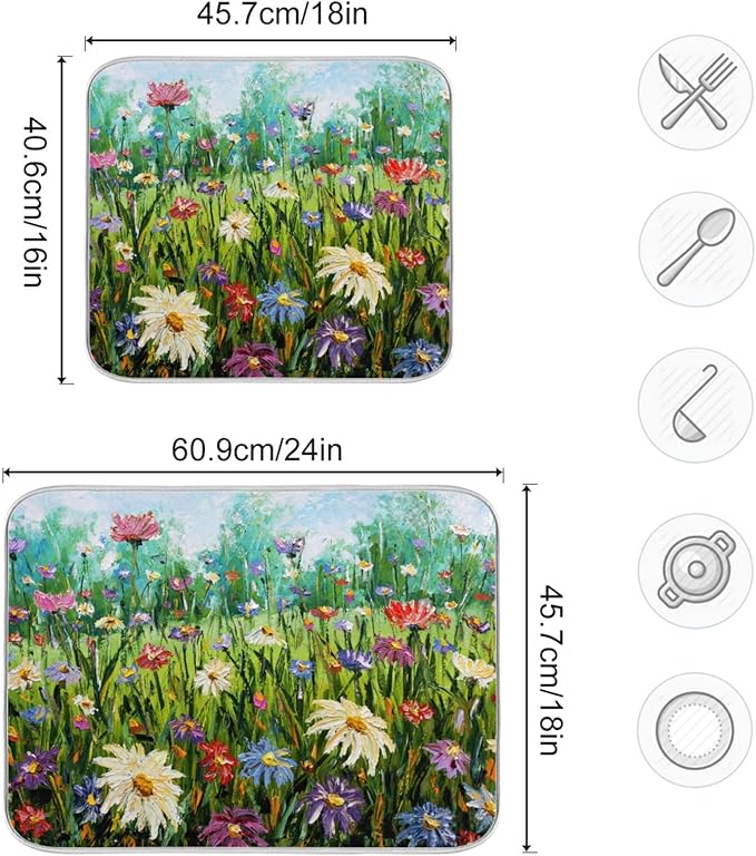 Absorbent Dish Drying Mat for Kitchen Counter - Oil Painting Flowers Microfiber Drying Pad, Reversible Drainer Mats for Countertop, Large 18" x 24"