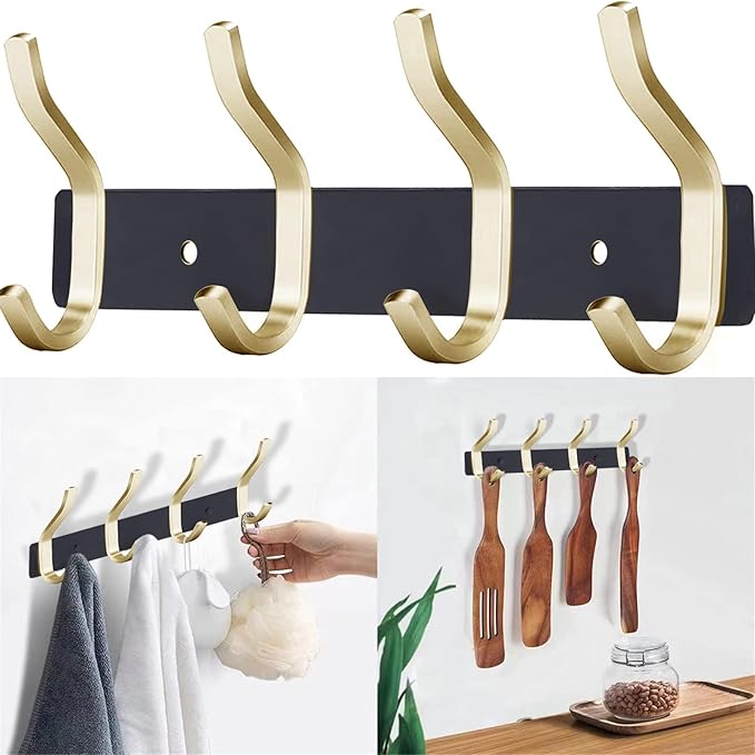 AZW Coat Rack Wall Mount,Heavy Duty Stainless Steel Metal Coat Hooks Hanging for Robes Bags Keys Hat Clothes and Bathroom Door Towels Hanger(Black and Gold 4 Hooks)-NeatNest