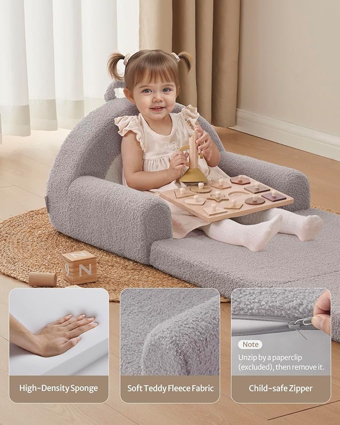 Blissful Diary Foldable Toddler Couch, 2-in-1 Comfy Toddler Chair & Lounger for Reading, Nap, Playroom, Kids Couch Sofa for 1 2 3+ Year Old Girls Boys Birthday Gift, Light Gray Arclet-NeatNest