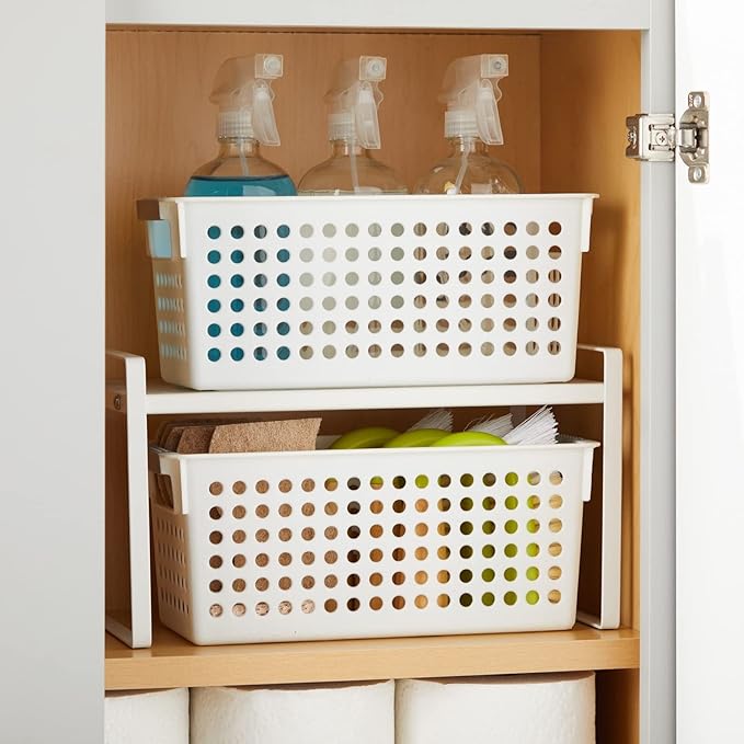 Farmlyn Creek Storage Baskets for Shelves - 4-Pack White Plastic Baskets w/ Gray Handles, 11.5 x 5.25 x 5 in - Narrow Shelf Bins & Closet Storage Bins for Bathroom, Nursery