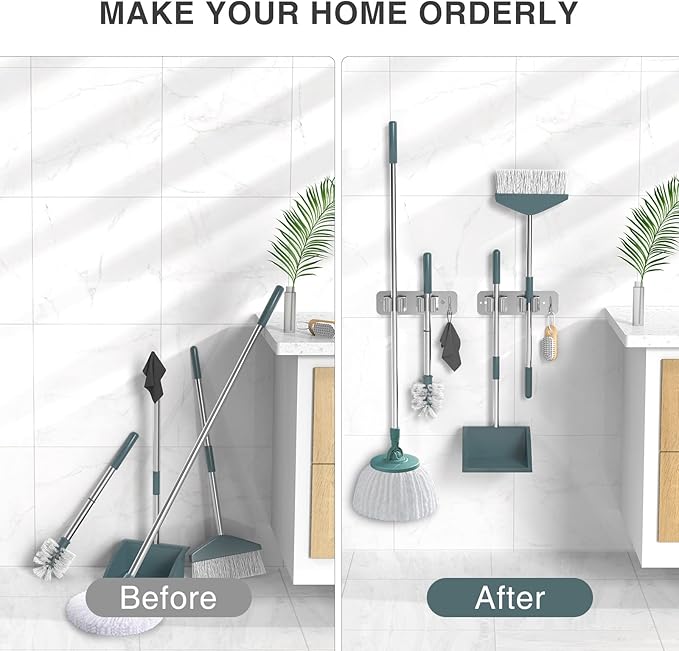 Mop Broom Holder Wall Mounted SUS304 Stainless Steel, Mop Broom Organizer with 2 Installation Methods (No Drilling&Screw Drilling Installation 2 In 1), Mop Hanger Heavy Duty with Hooks, 2PCS-NeatNest