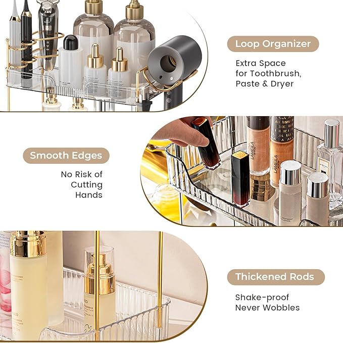 Aveniee Bathroom Counter Organizer,3 Tier Skincare Perfume Countertop Storage with Hair Dryer Rack and Toothbrush Holder, Cosmetic Makeup Tray for Vanity,Grey-NeatNest