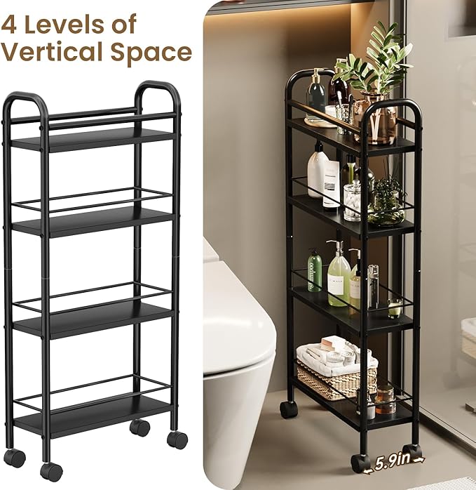 Black Slim Storage Cart, 4 Tier Rolling Utility Cart on Wheels, Slim Bathroom Storage for Small Spaces in Kitchen, Dining Room, Bathroom, Laundry Room, Black