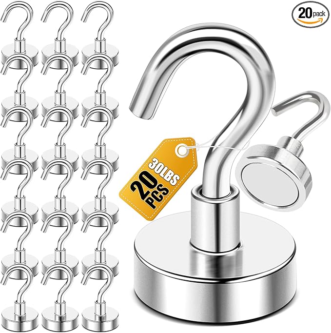 DIYMAG Magnetic Hooks, 30lbs+ Magnet Hook 2025 Cruise Cabin Ship Essentials Heavy Duty Strong Magnets Refrigerator Fridge Hanging for Classroom Beach Vacation Kitchen Grills Home 20 Pack (Silver)-NeatNest