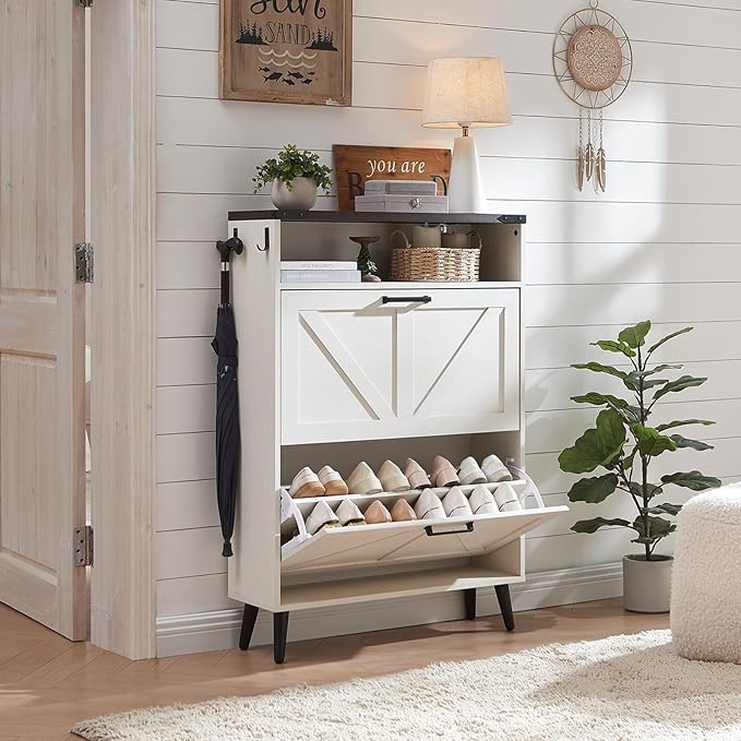 Shoe Storage Cabinet,Farmhouse Shoe Organizer with 2 Flip Drawers & Barn Door Design,Freestanding Hidden Slim Narrow Shoe Rack Cabinet with Open Storage for Entryway, Foyer,Antique White-NeatNest