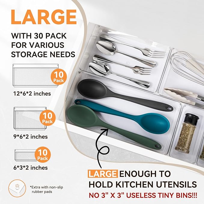 Criusia 30 Pack Large Clear Plastic Drawer Organizer Bins - Acrylic Kitchen Drawer Organization and Storage Dividers for Utensils Gadgets, Office Bathroom and Vanity Organizer for Makeup Accessoires-NeatNest