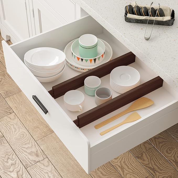 BAMEOS Drawer Divider,Expandable Bamboo Separators Adjustable Utensil Knife Fork Tool Kitchen Organizer, Clothes Fabric Drawer Organizer In Bathroom Bedroom Office, Cabinet Dresser Organizer 4-pack-NeatNest