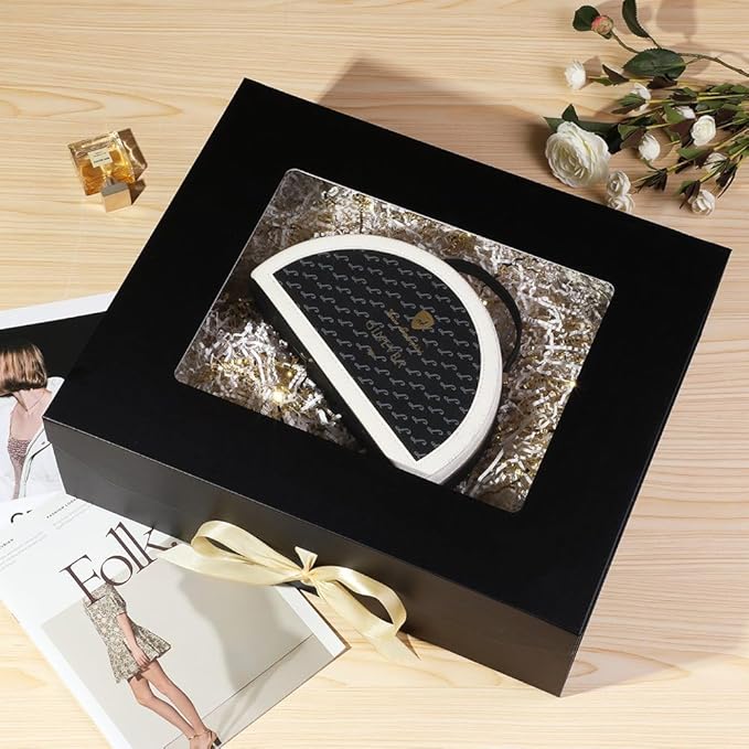 3 Pcs Extra Large Black Gift Box for Presents with Ribbon 19x16x6 Inches Clear Gift Box with Window Magnetic Closure Gift Boxes with Lids-NeatNest