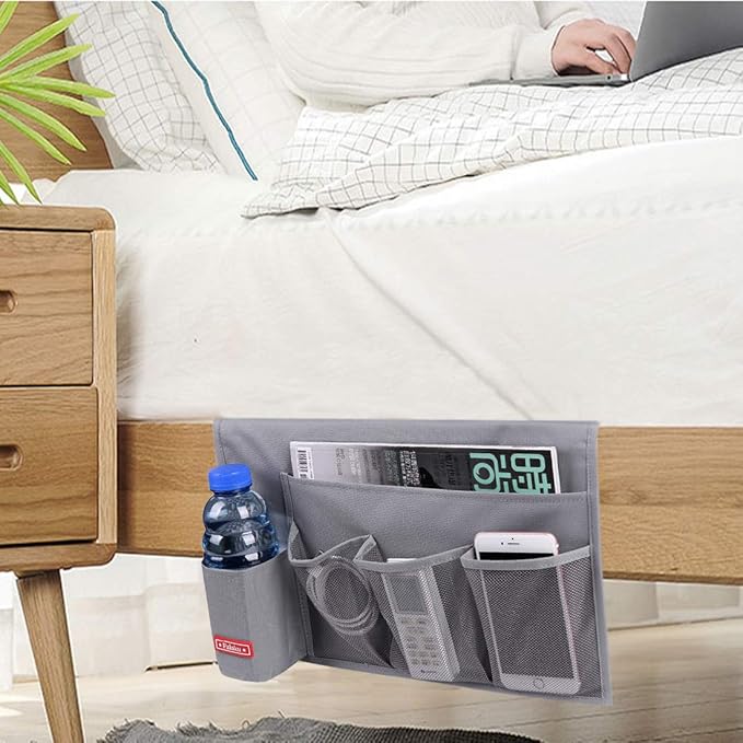 Bedside Caddy,5 Pockets Bedside Organizer Caddy Under Mattress,Holds Water Bottles,Magazines,Books (Dark Grey)-NeatNest