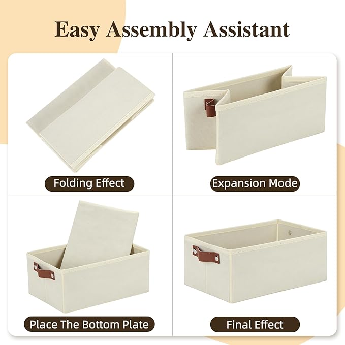 DULLEMELO Fabric Storage Bin with PU Handles, Decorative Basket and Organizer, Collapsible Bin for Toy and Clothes Storage (Light Beige, 11.8L*7.9W*5.1H)-NeatNest