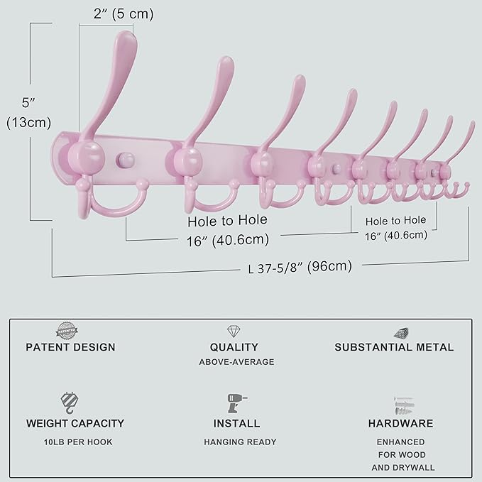 Dseap Coat Rack Wall Mount - 38” Long 10-Tri-Hooks Heavy Duty Coat Hanger Rail Wall Hooks for Hanging Coats Hats Clothing Clothes Purse Mudroom Entryway, Pink, Pack of 2-NeatNest