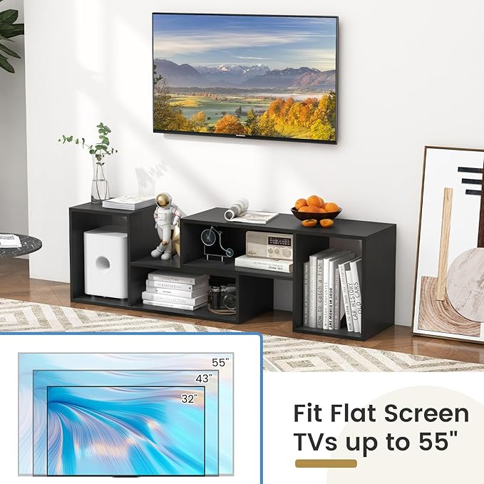 Giantex Bookshelf TV Stand for TVs up to 55", 2 Pieces Free-Combination Entertainment Center with Storage Cubes, Modern Media TV Console Table, Open Storage Bookcase for Living Room, Bedroom (Black)-NeatNest