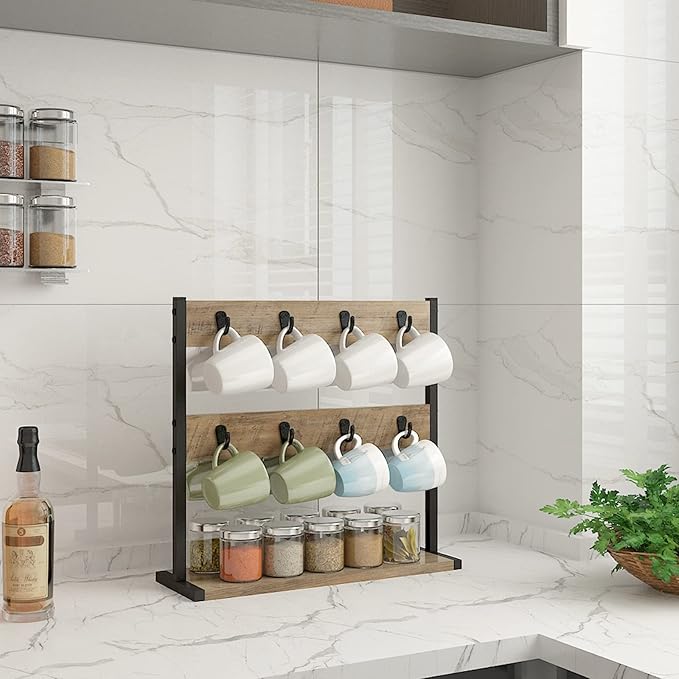 IBUYKE Wood Coffee Mug Holder for Countertop,16 Hook Mug Tree Holder Rack with Storage Base,Mug Display Organizer,Mug Holders for Home Kitchen,Greige UTBJ001Y-NeatNest