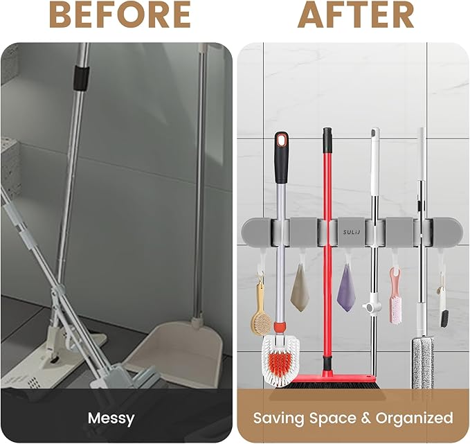 2Pcs Broom Mop Holder with Hooks Wall Mounted Broom Storage Rack No Drilling Self-Adhesive Mop Broom Organizer Mop Holder Hanger for Bathroom Office Kitchen Closet Garage,Grey (2)-NeatNest