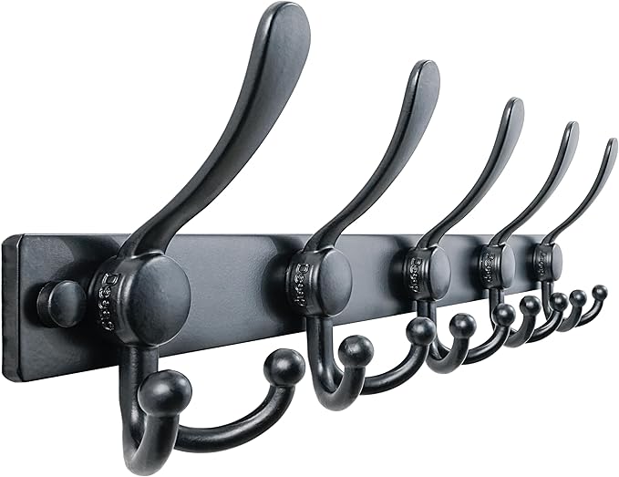 Dseap Coat Rack Wall Mount 2.0 Pro: Heavy Duty 300% Thicker, 16" Stud Mount, Stainless Steel Wall Coat Hooks Hanger for Clothes Jackets Hats Entryway Closet, MaxStrong Series, Black