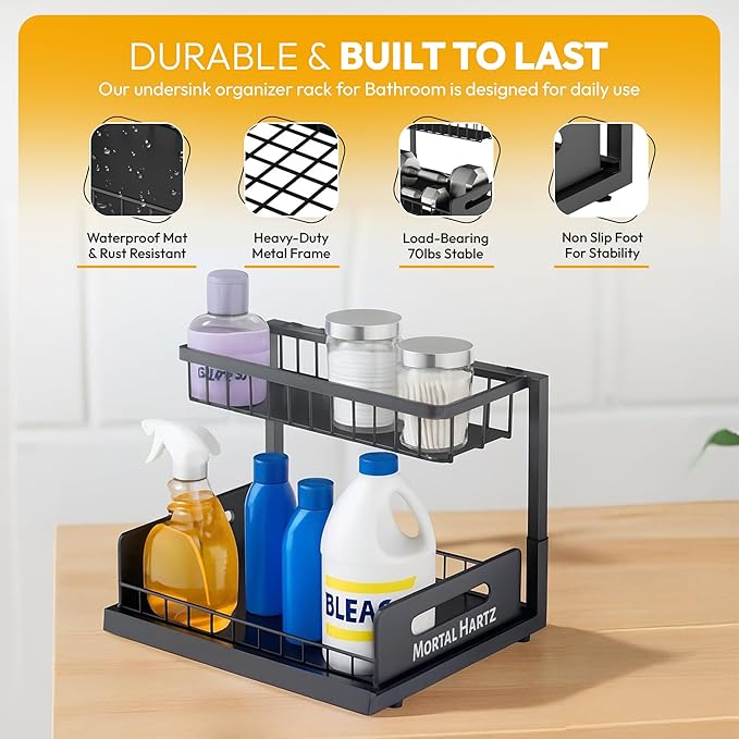 Under Sink Organizer Rack – 2-Tier Pull-Out Storage Shelf for Kitchen & Bathroom Cabinets – Space-Saving L-Shaped Metal Organizer with Sliding Baskets (Black, 1-Pack)-NeatNest
